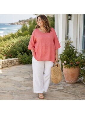 J Jill Pure Jill Linen Top 2X Coral Pink Relaxed Boxy Lagenlook Coastal